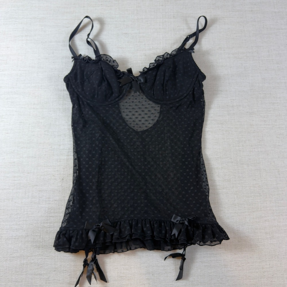 Victoria's Secret Heart Throb Black Mesh Garter Camisole Underwire Y2K